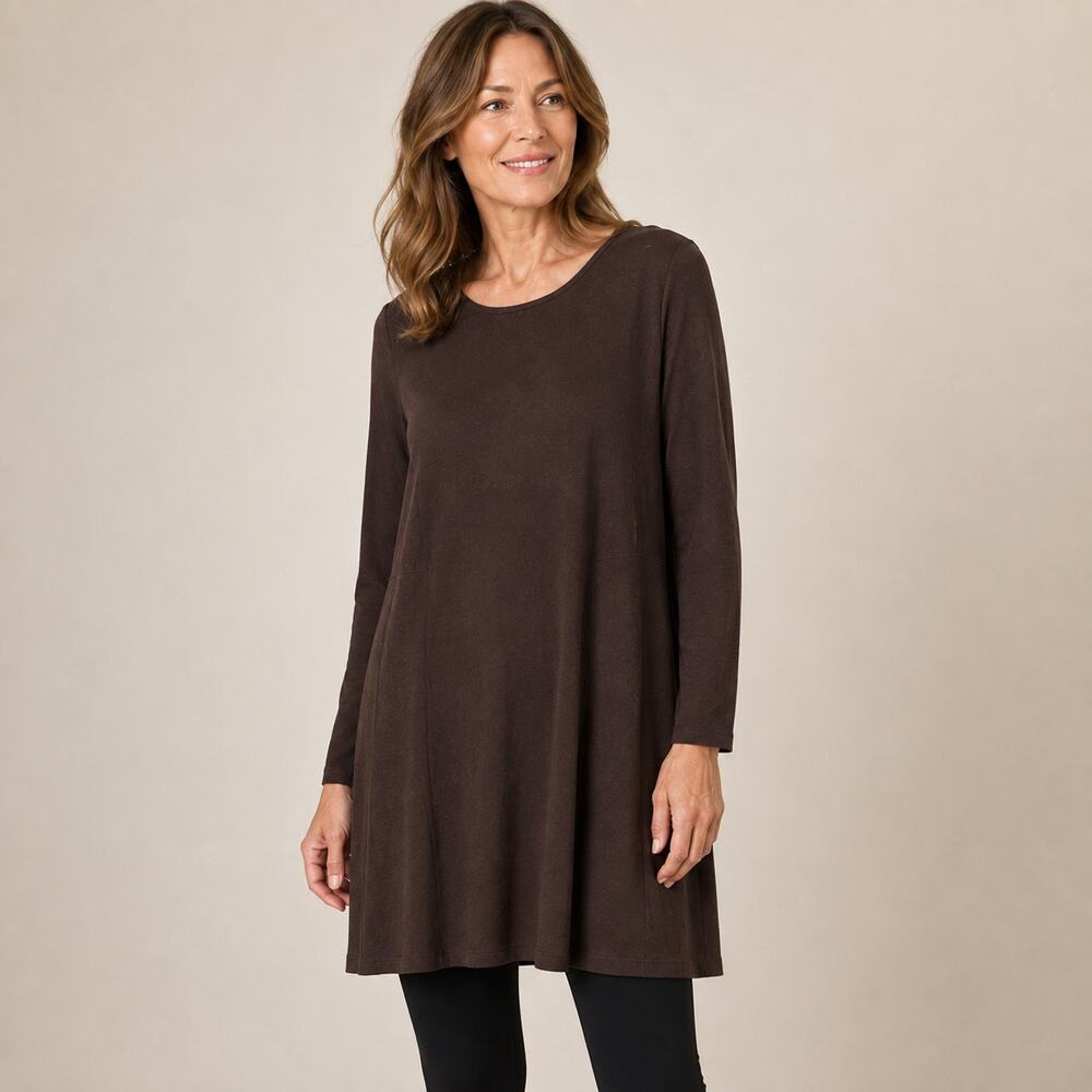 Eileen Fisher Tunic Shift Dress Small Wren Brown Long Sleeve Crewneck Minimalist